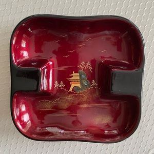 VINTAGE Burgundy & BLACK CERAMIC Oriental ASHTRAY SQUARE MID CENTURY